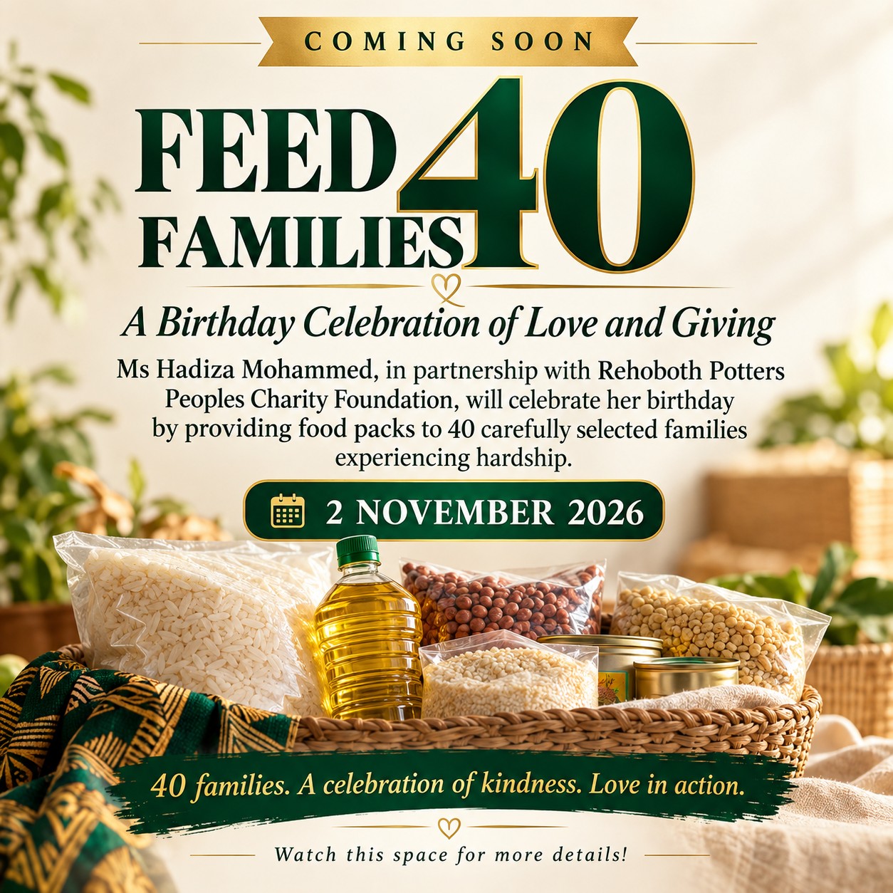Feed 40 Families: Ms Hadiza Mohammed's birthday outreach with Rehoboth Potters Peoples Charity Foundation on 2 November 2026.