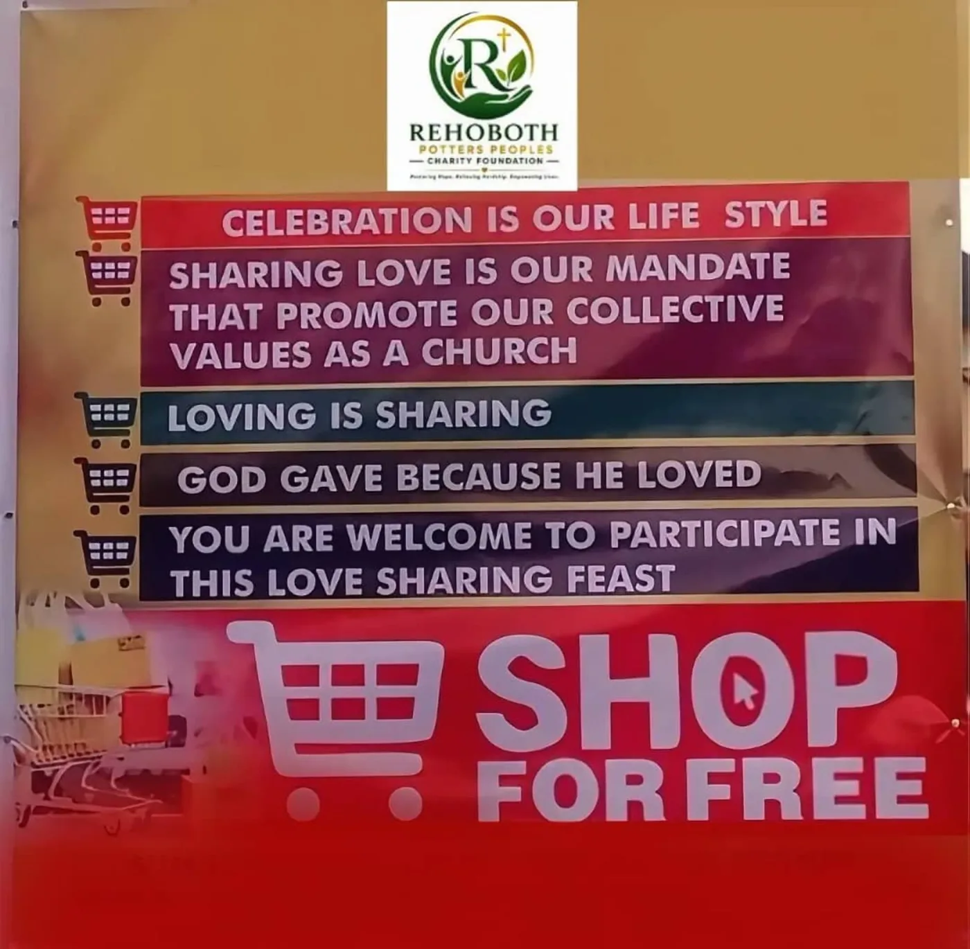 Shop for Free outreach banner carrying the Rehoboth Potters Peoples Charity Foundation identity